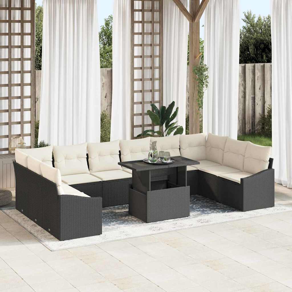 Sofa Set mit Kissen 11 pcs Schwarz und Creme Poly-Rattan