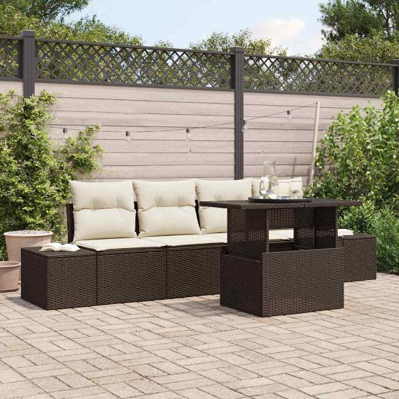 Sofa Set mit Kissen 5 pcs Schwarz und Creme Poly-Rattan