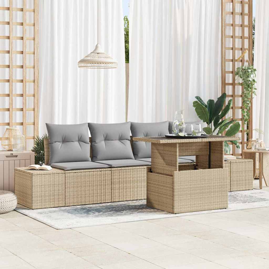 Sofa Set mit Kissen 5 pcs Schwarz und Creme Poly-Rattan
