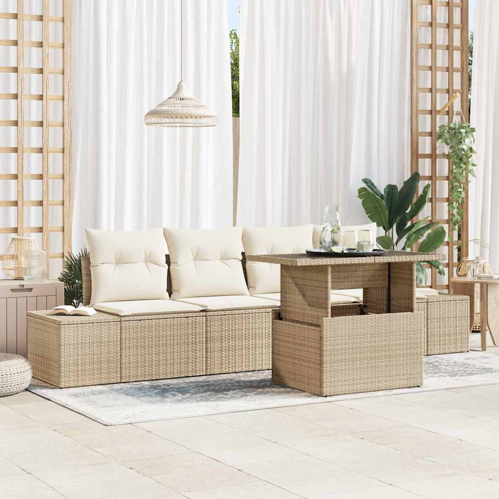 Sofa Set mit Kissen 5 pcs Schwarz und Creme Poly-Rattan