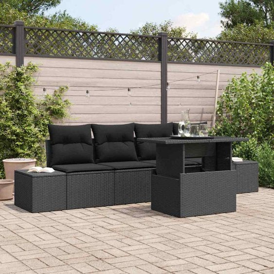 Sofa Set mit Kissen 5 pcs Schwarz und Creme Poly-Rattan