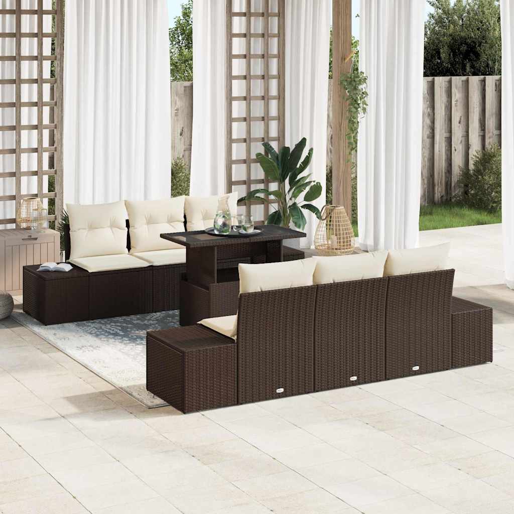 Sofa Set mit Kissen 7 pcs Schwarz und Creme Poly-Rattan