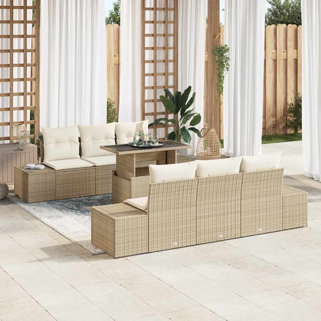 Sofa Set mit Kissen 7 pcs Schwarz und Creme Poly-Rattan