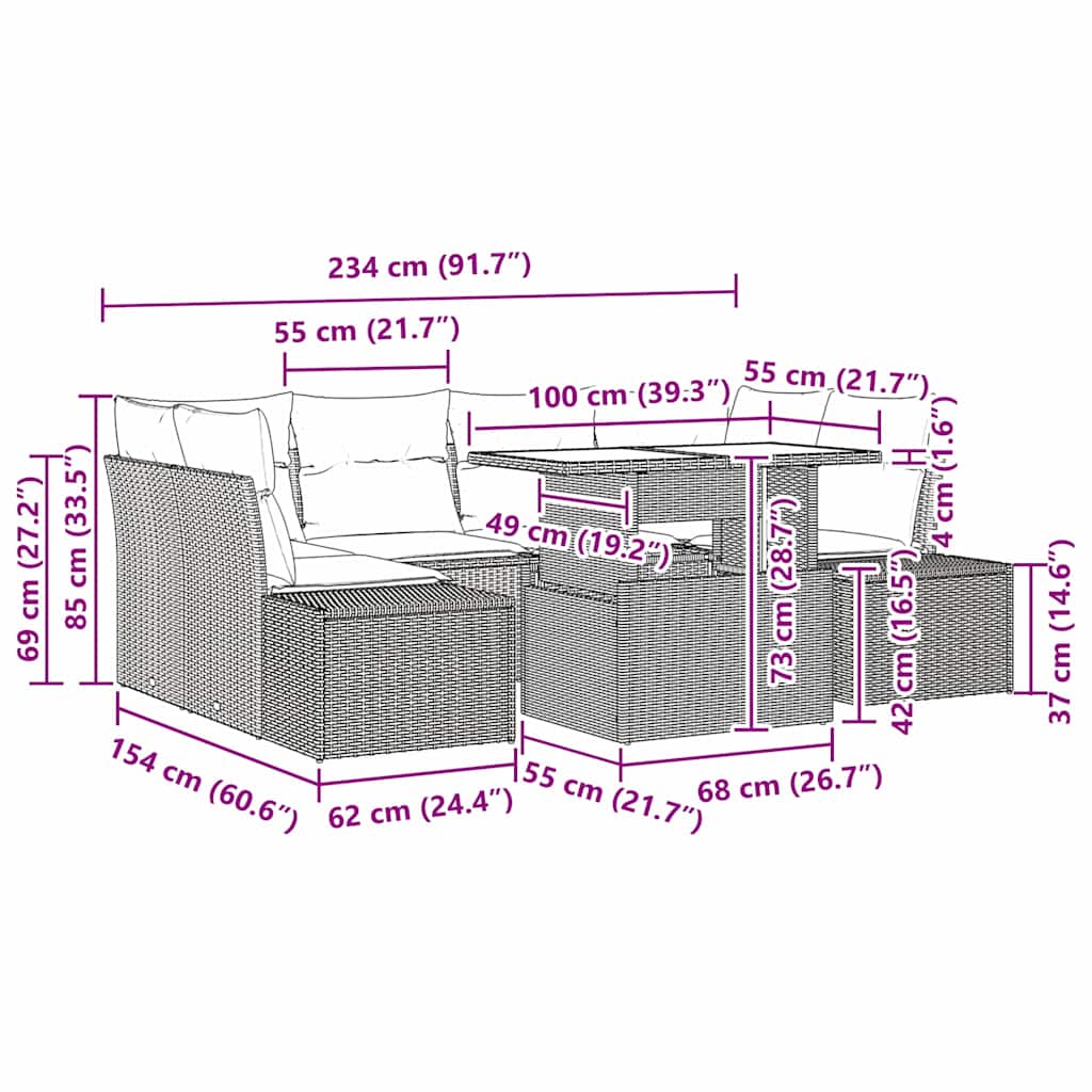 Sofa Set mit Kissen 7 pcs Schwarz und Creme Poly-Rattan