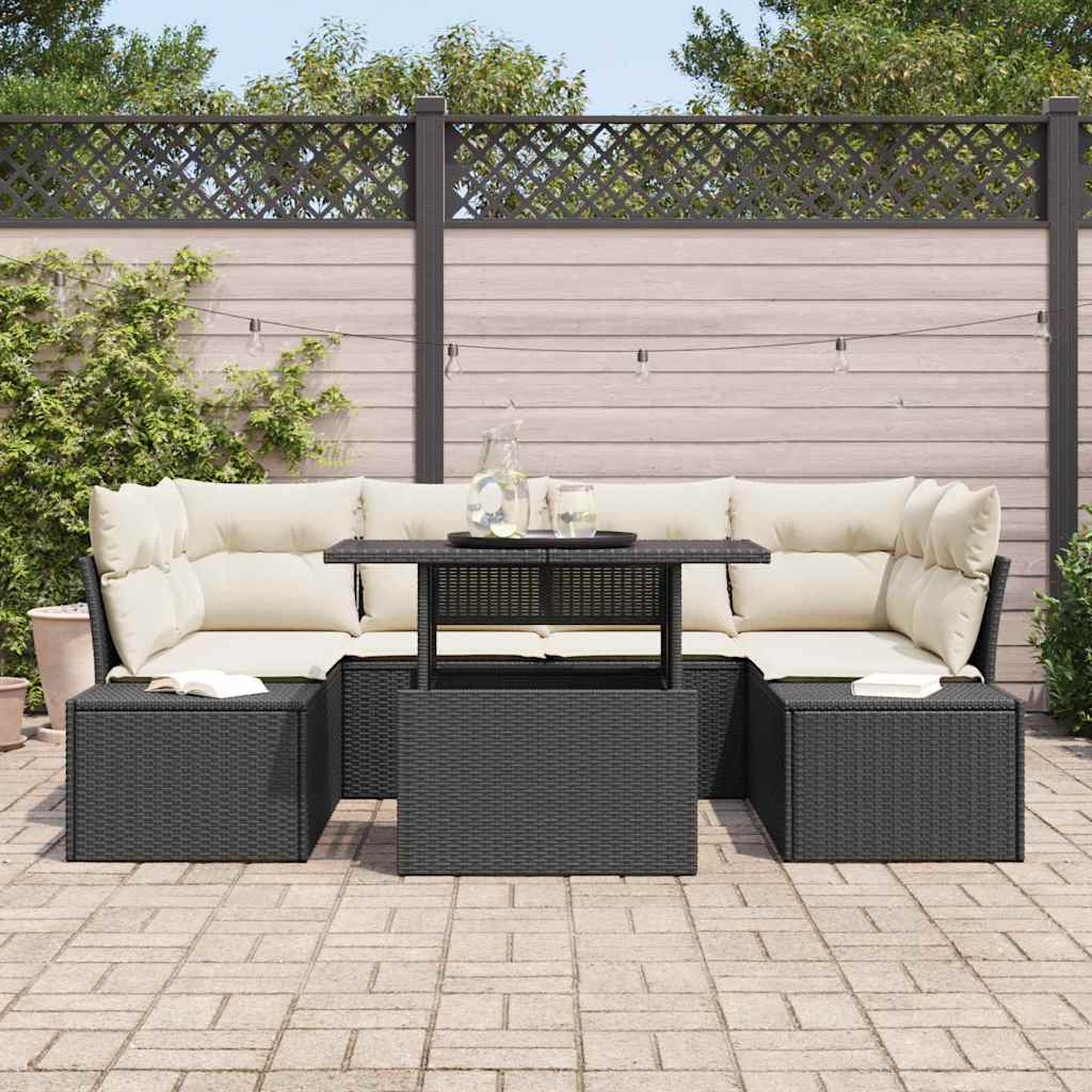 Sofa Set mit Kissen 7 pcs Schwarz und Creme Poly-Rattan