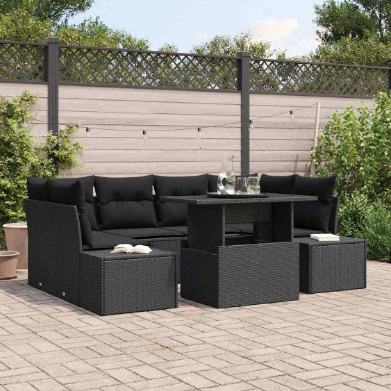 Sofa Set mit Kissen 7 pcs Schwarz und Creme Poly-Rattan