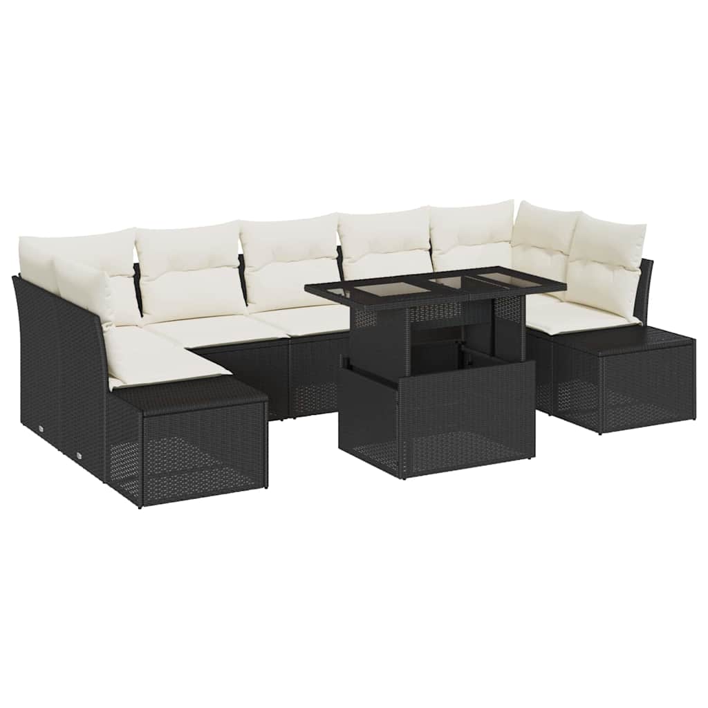 Sofa Set mit Kissen 8 pcs Schwarz und Creme Poly-Rattan