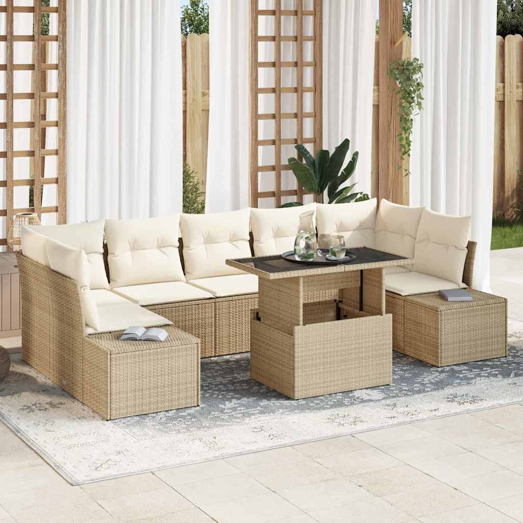 Sofa Set mit Kissen 8 pcs Schwarz und Creme Poly-Rattan