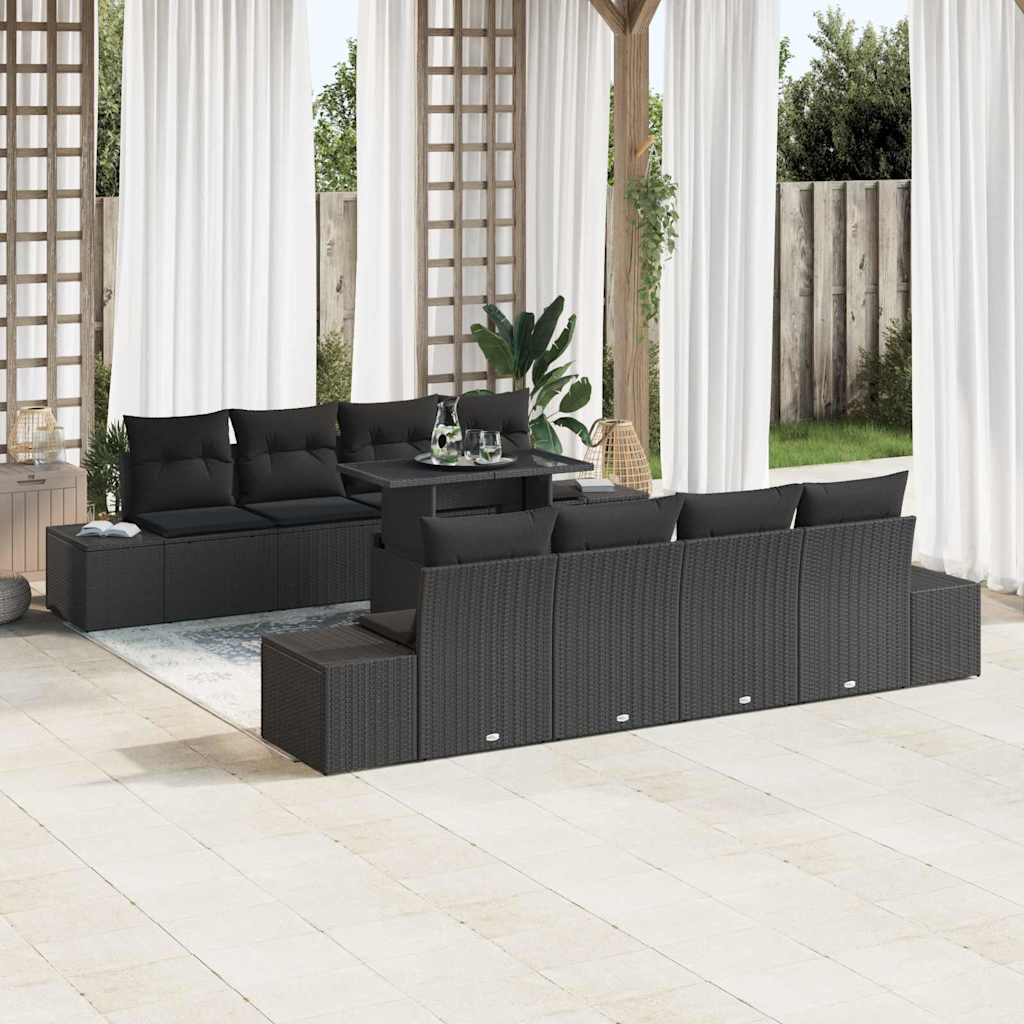 Gartensofa-set mit Kissen 9 pcs Schwarz und Creme Poly-Rattan