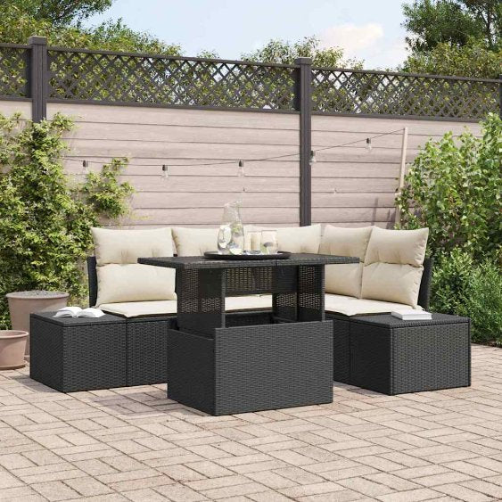 Gartensofa-set mit Kissen 5 pcs Schwarz und Creme Poly-Rattan