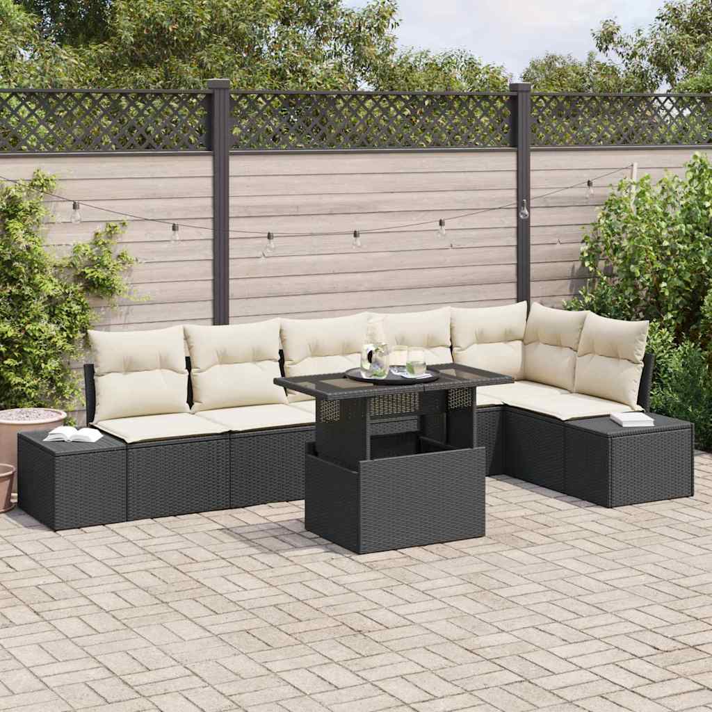 Garten-Sofa-Set mit Kissen mit Speicher 7 pcs Schwarz und Creme