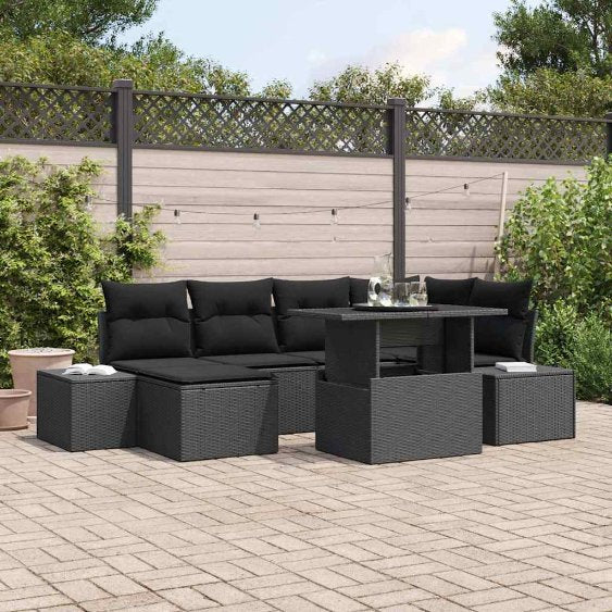 Garten-Sofa-Set mit Kissen 7 pcs Schwarz und Creme