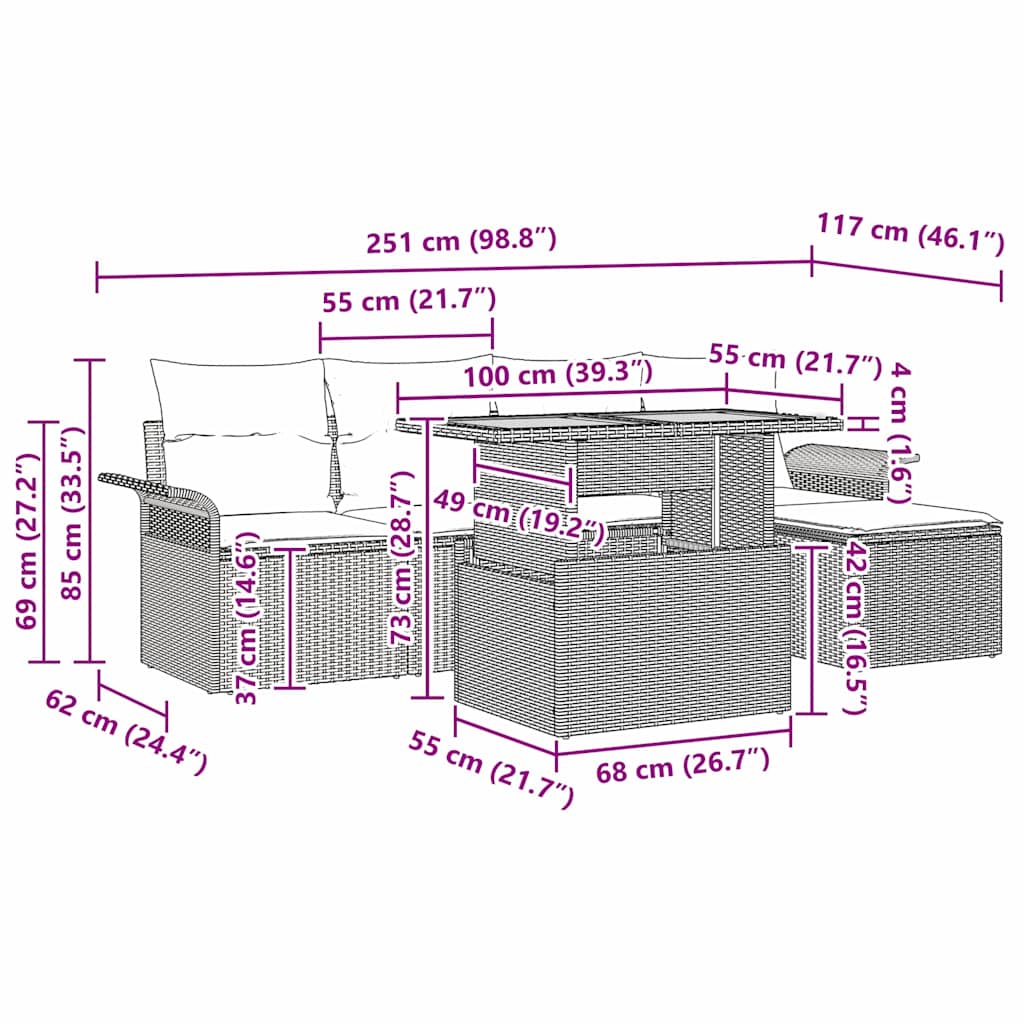 Garten-Sofa-Set mit Kissen 6 pcs Schwarz und Creme