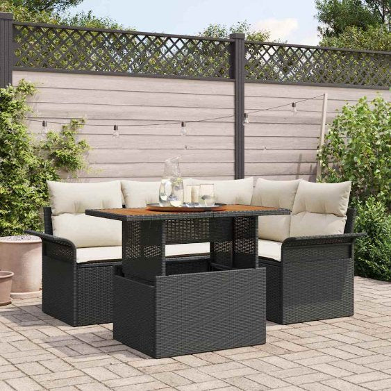 Garten-Sofa-Set mit Kissen 5 pcs Schwarz und Creme