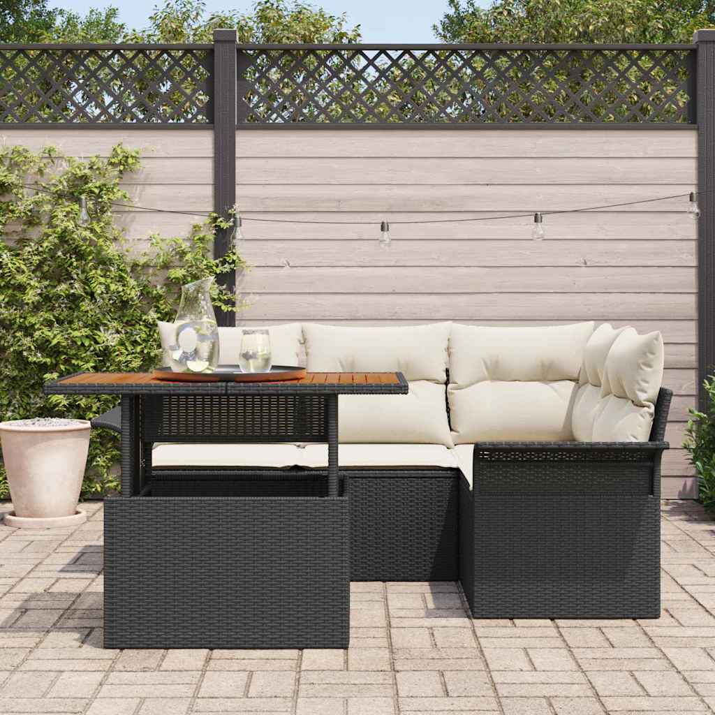 Garten-Sofa-Set mit Kissen 5 pcs Schwarz und Creme