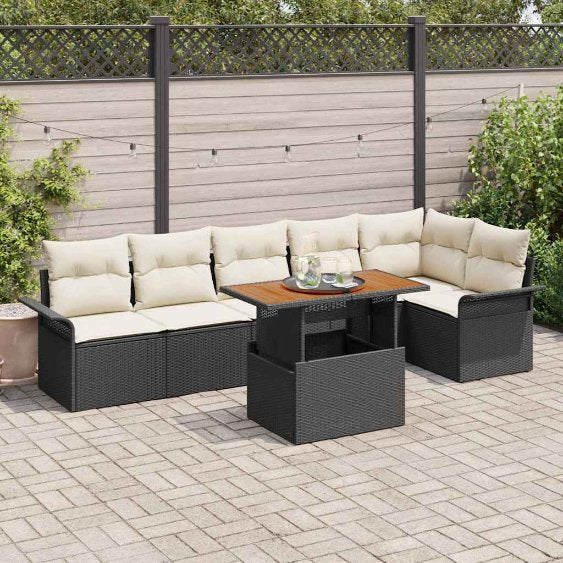 Garten-Sofa-Set mit Kissen 7 pcs Schwarz und Creme