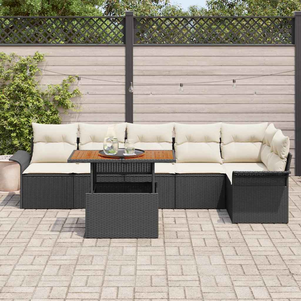 Garten-Sofa-Set mit Kissen 7 pcs Schwarz und Creme