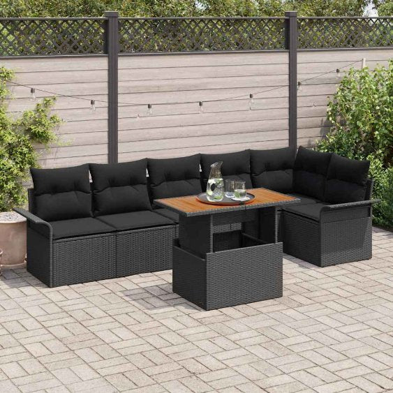 Garten-Sofa-Set mit Kissen 7 pcs Schwarz und Creme