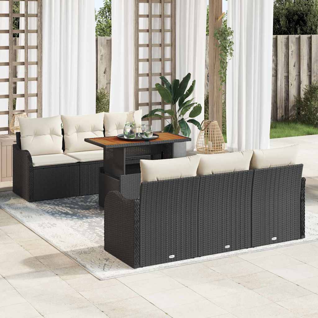 Garten-Sofa-Set mit Kissen 7 pcs Schwarz und Creme