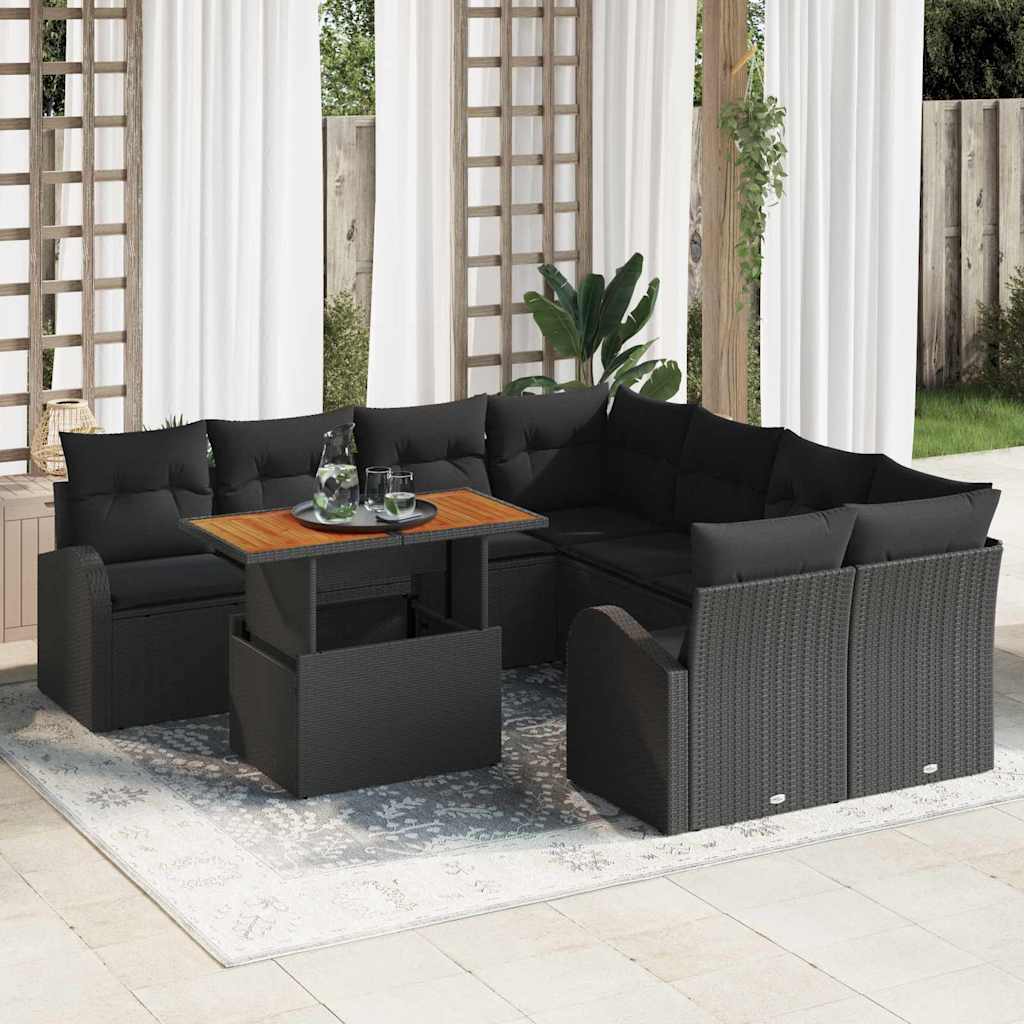 Garten-Sofa-Set mit Kissen 9 pcs Schwarz und Creme
