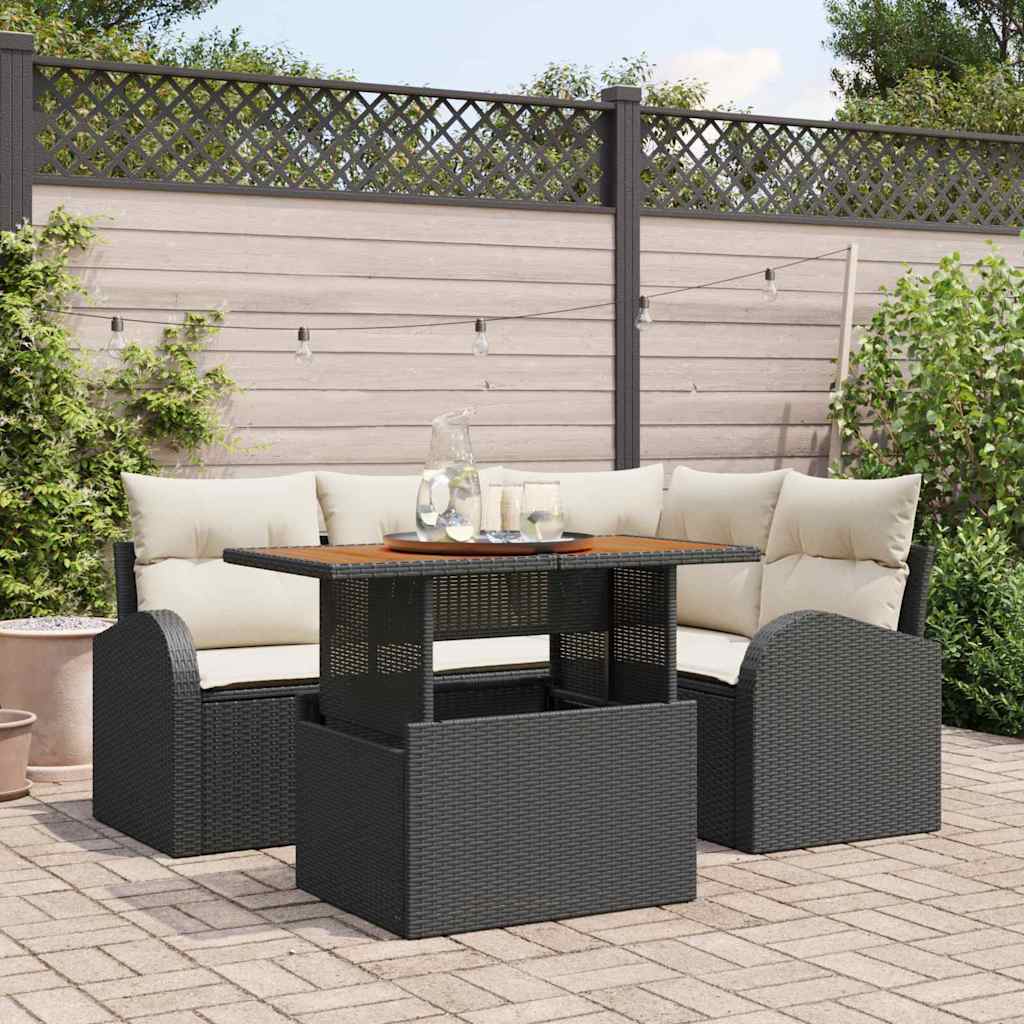 Garten-Sofa-Set mit Kissen 5 pcs Schwarz und Creme