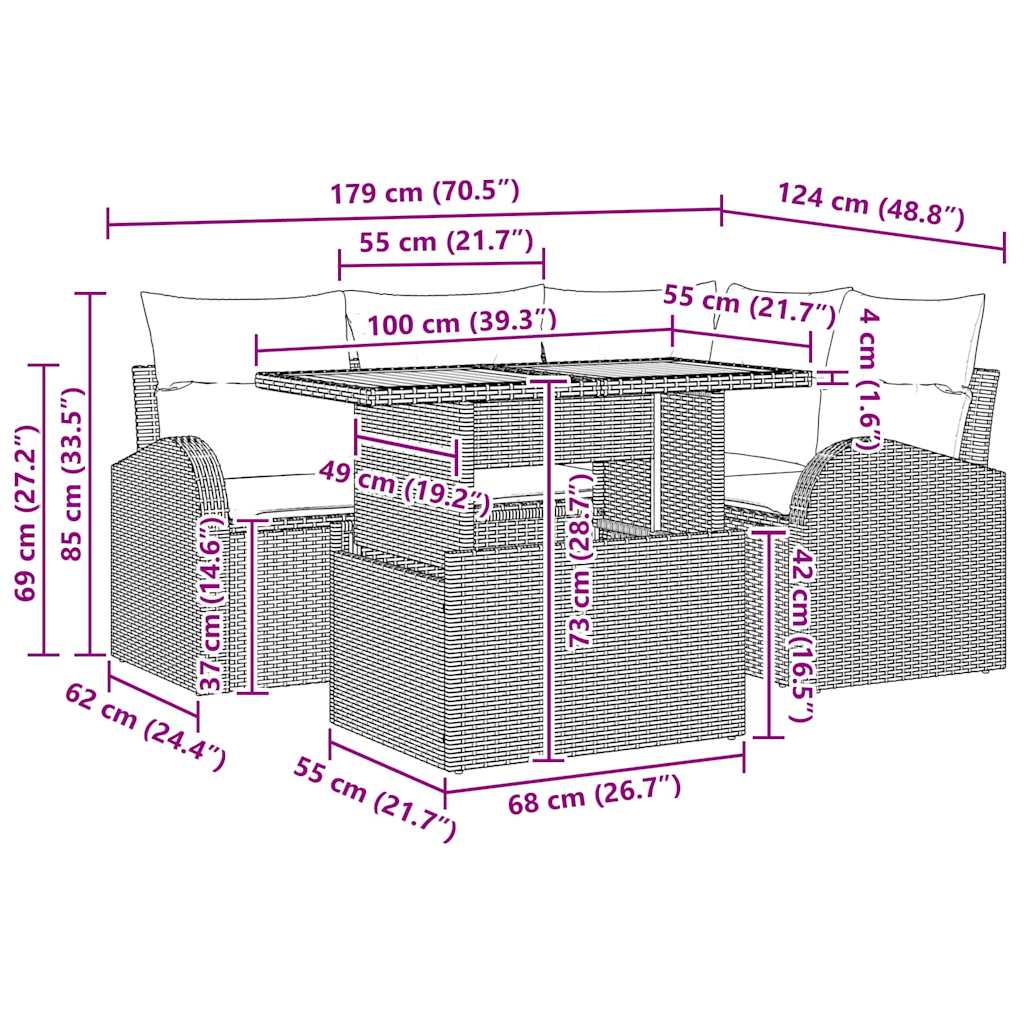 Garten-Sofa-Set mit Kissen 5 pcs Schwarz und Creme