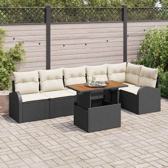 Garten-Sofa-Set mit Kissen 7 pcs Schwarz und Creme