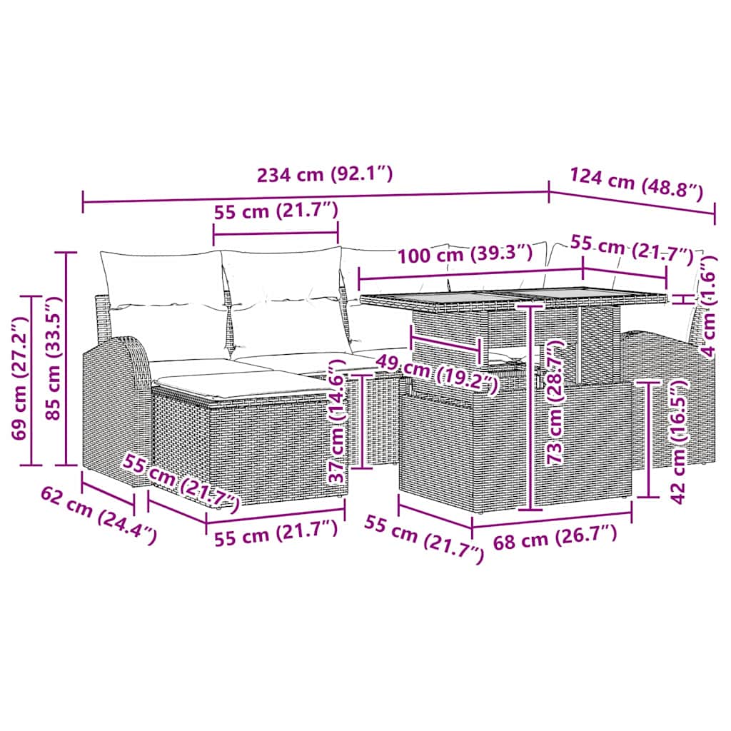 Garten-Sofa-Set mit Kissen 7 pcs Schwarz und Creme