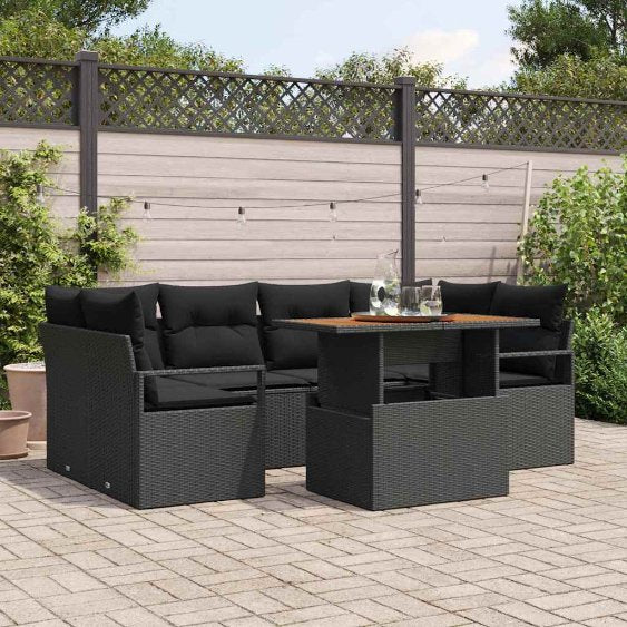 Garten-Sofa-Set mit Kissen 7 pcs Schwarz und Creme