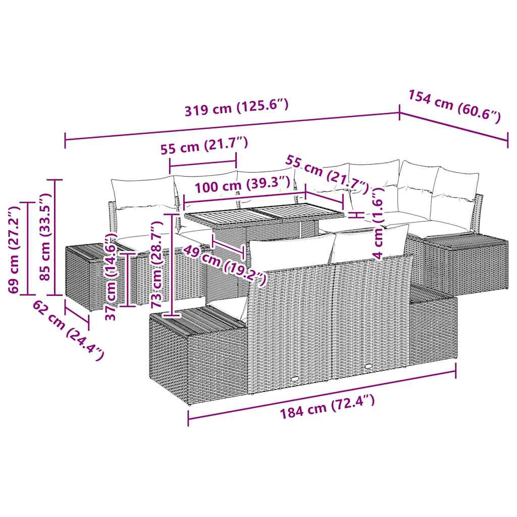 Garten Essgruppe mit Kissen mit Kissen 9 pcs Schwarz und Creme