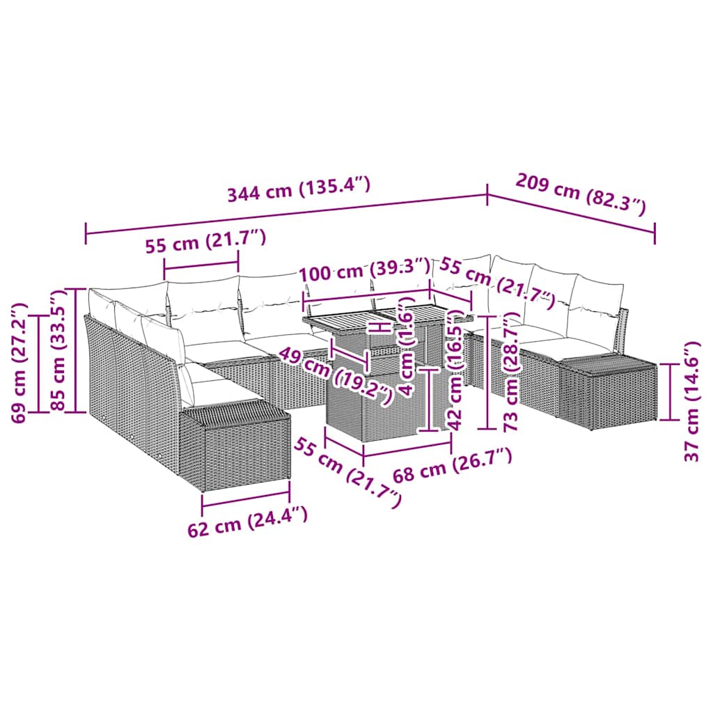 Garten-Sofa-Set mit Kissen mit Kissen 11 pcs Schwarz und Creme