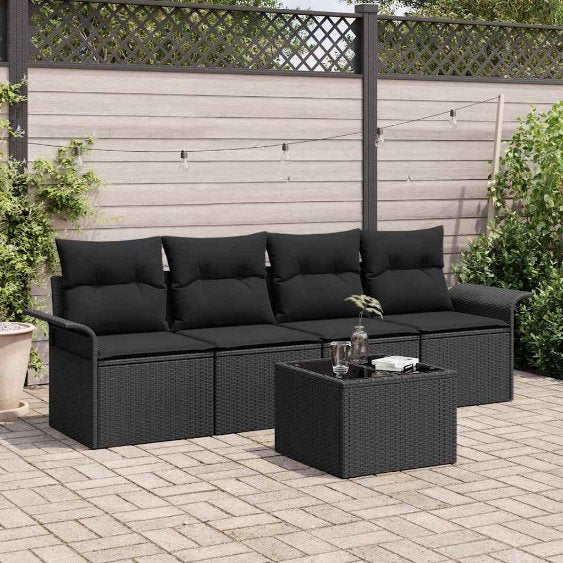 Gartensofa-set mit Kissen 5 pcs Schwarz und Creme Poly-Rattan