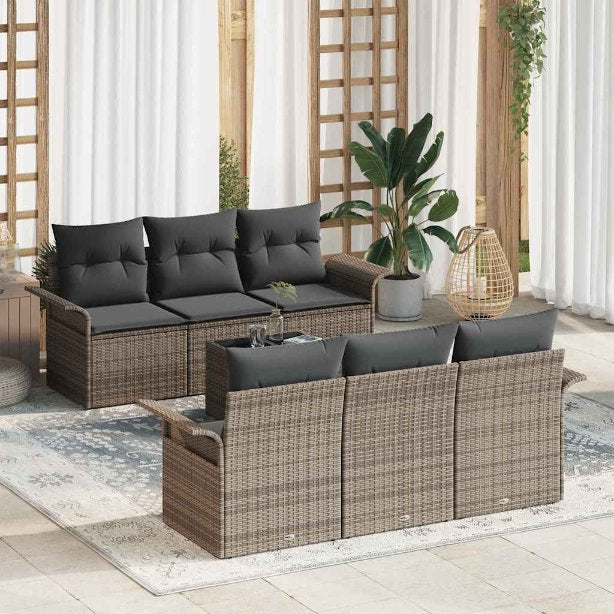 Gartensofa-set mit Kissen 7 pcs Schwarz und Creme Poly-Rattan