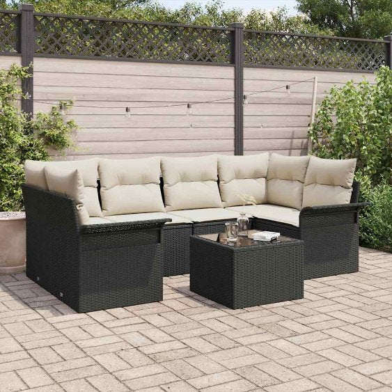 Garten-Sofa-Set mit Kissen mit Speicher 7 pcs Schwarz und Creme