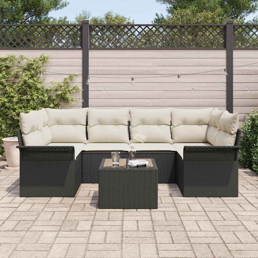 Garten-Sofa-Set mit Kissen mit Speicher 7 pcs Schwarz und Creme