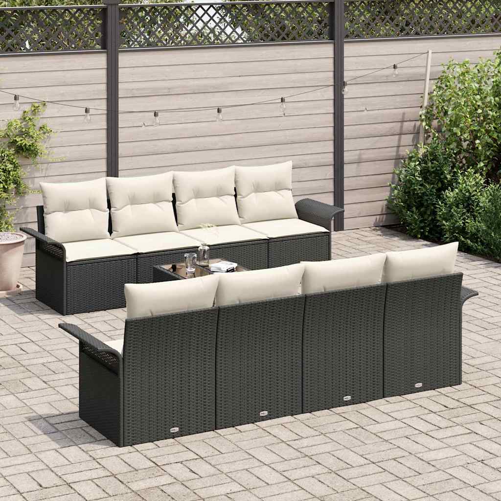 Gartensofa-set mit Kissen 9 pcs Schwarz und Creme Poly-Rattan