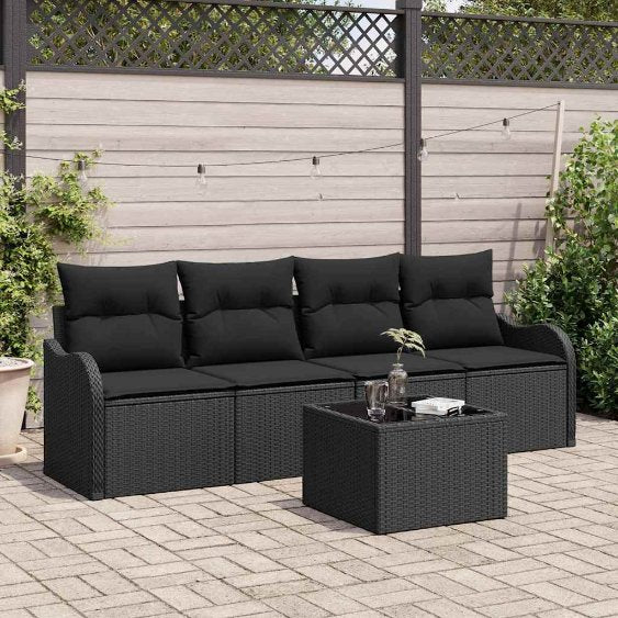Gartensofa-set mit Speicher 5 pcs Schwarz und Creme Poly-Rattan