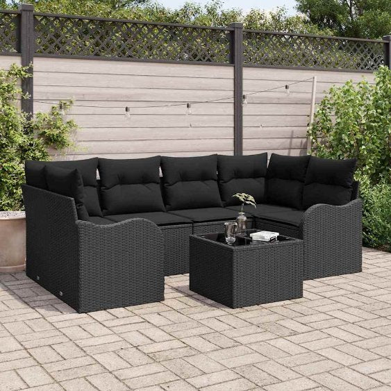 Garten-Sofa-Set mit Kissen mit Speicher 7 pcs Schwarz und Creme