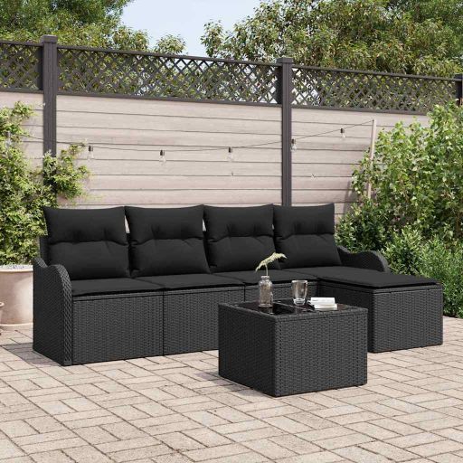 Garten-Sofa-Set mit Kissen 5 pcs Schwarz Poly Rattan
