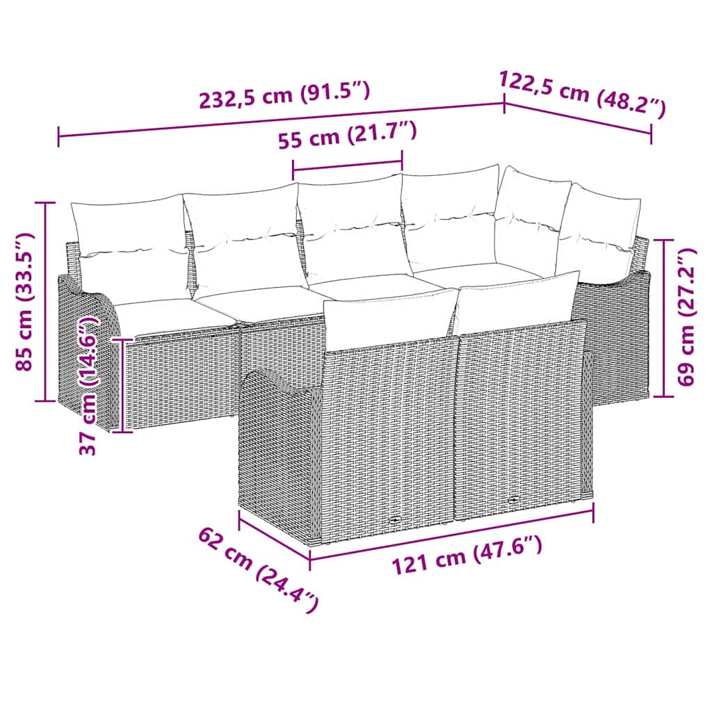 Garten-Sofa-Set mit Kissen 7 pcs Schwarz Poly Rattan