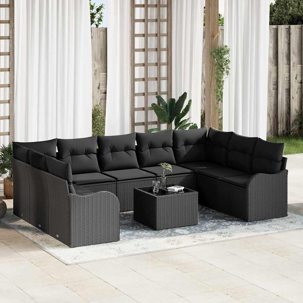 Gartensofa-set mit Speicher 9 pcs Schwarz und Weiß Poly-Rattan
