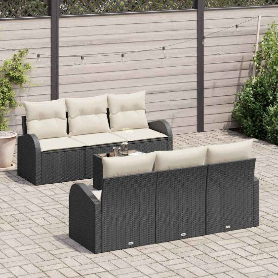 Gartensofa-set mit Speicher 7 pcs Schwarz und Creme Poly-Rattan