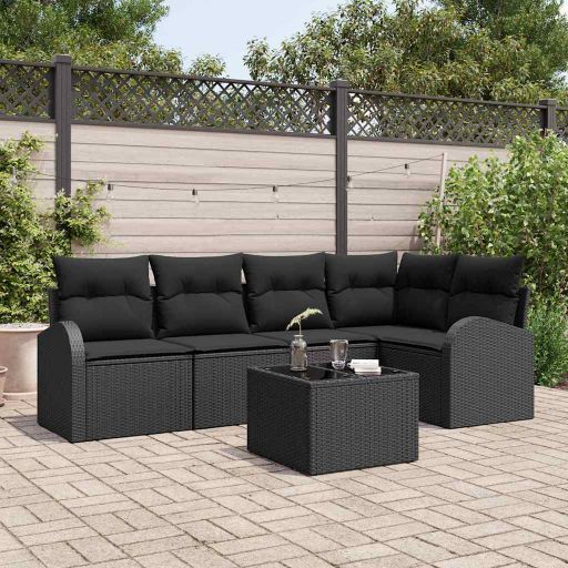 Garten-Sofa-Set mit Kissen 5 pcs Schwarz und Weiß Poly Rattan