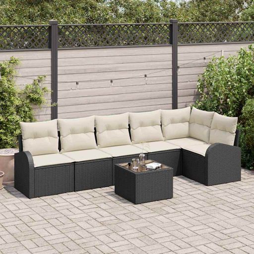Gartensofa-set mit Kissen 6 pcs Schwarz und Weiß Poly-Rattan