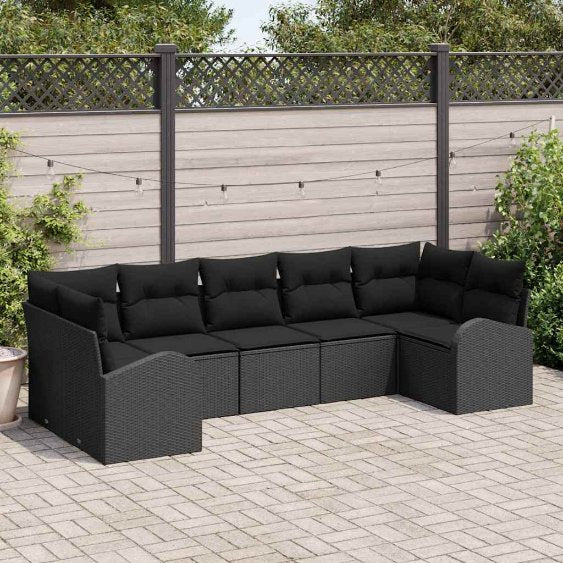 Gartensofa-set mit Kissen 7 pcs Schwarz und Weiß Poly-Rattan