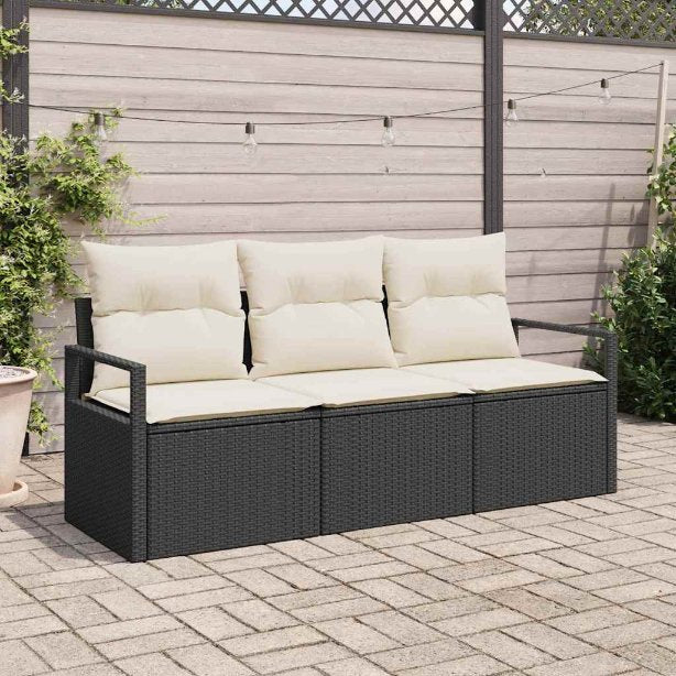 Gartensofa-set mit Kissen 3 pcs Schwarz und Weiß Poly-Rattan