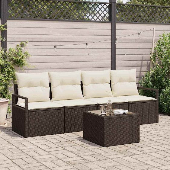 Sofa Set mit Kissen 5 pcs Schwarz und Creme Poly-Rattan