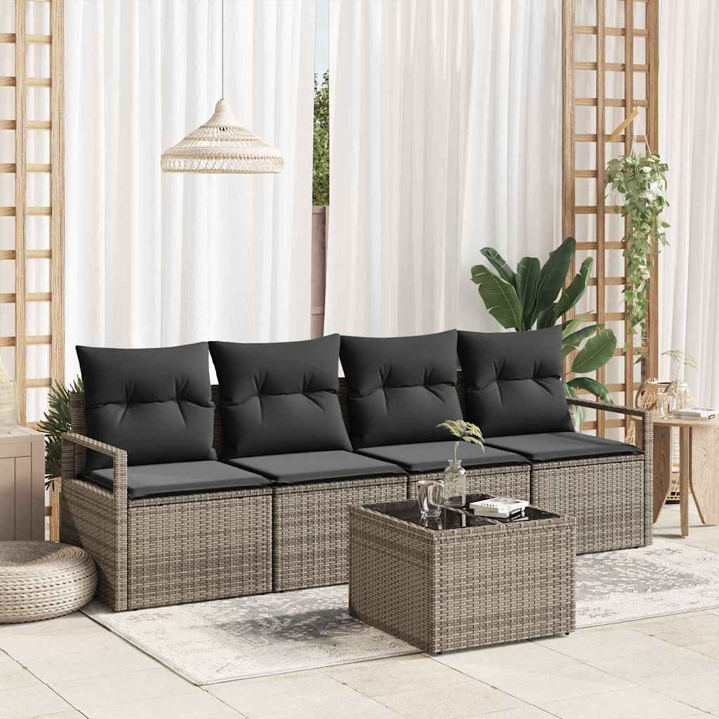 Sofa Set mit Kissen 5 pcs Schwarz und Creme Poly-Rattan