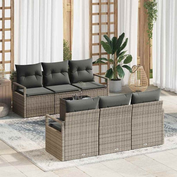 Gartensofa-set mit Kissen 7 pcs Schwarz und Creme Poly-Rattan