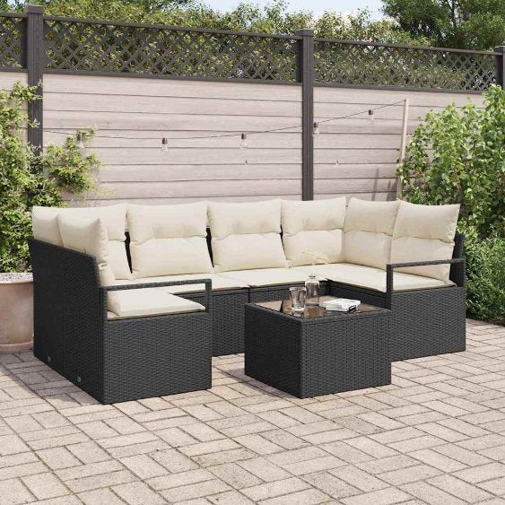 Garten-Sofa-Set mit Kissen mit Speicher 7 pcs Schwarz und Creme